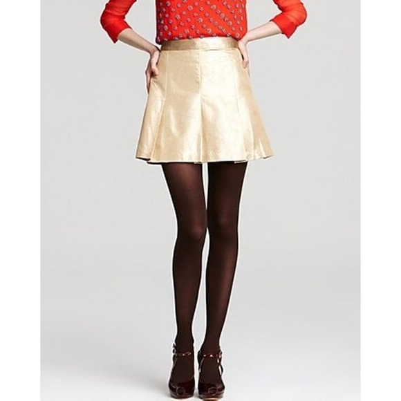 Nanette Lepore Golden Touch Metallic Lame Pleated Lined Skirt Gold 6 New $298